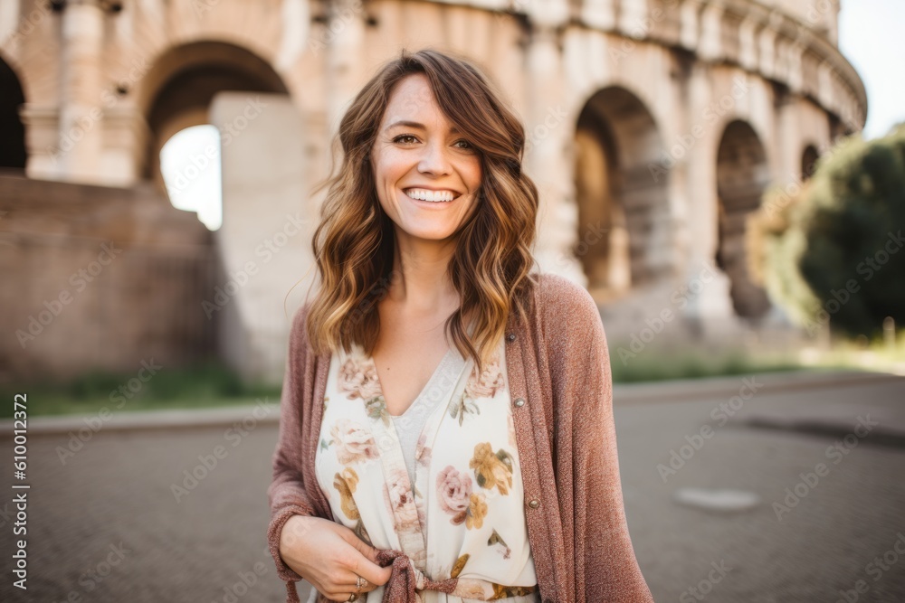 Portrait of a smiling young woman in front of Colosseum in Rome, Italy