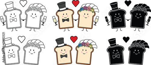 Cute Wedding Toast Pun Bride & Groom Clipart Set - Outline, Silhouette & Color