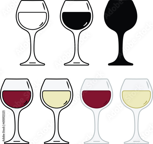 Wine Glass with White and Red Wine Clipart - Outline, Silhouette & Color