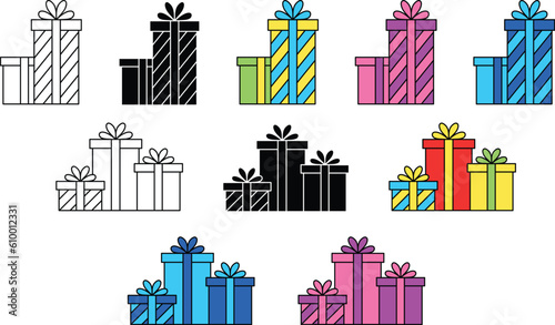 Pile of Gift Boxes or Presents Clipart - Outline, Silhouette and Color	