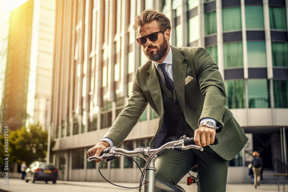 Stylish businessman riding bicycle on street Stylish businessman riding bicycle on street