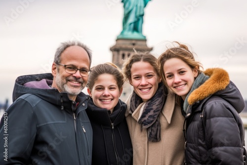 Portrait of a happy family of four in front of Statue of Liberty in Budapest, Hungary