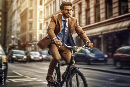 Stylish businessman riding bicycle on street