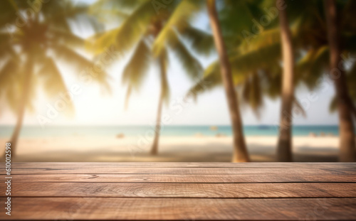 Empty wooden table on blurred tropical beach background © M.Gierczyk