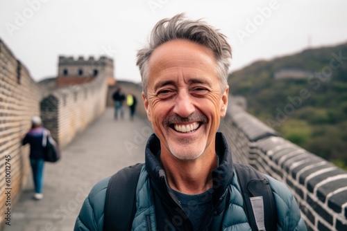 Portrait of a smiling senior man on the Great Wall of China