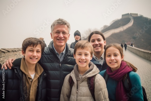 Portrait of happy family on the Great Wall in Beijing, China