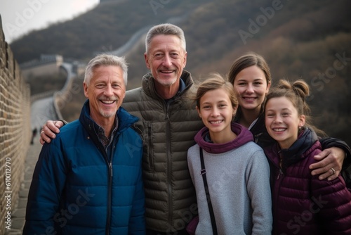 Portrait of happy family standing together on a hilltop during autumn