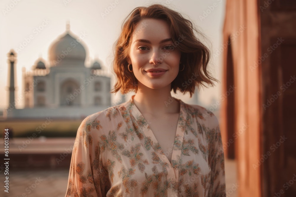 Portrait of a beautiful young woman in front of Taj Mahal