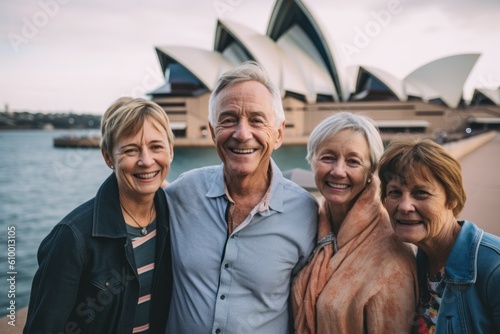 Group portrait photography of a pleased man in his 60s that is with the family at the Sydney Opera House in Sydney Australia . Generative AI