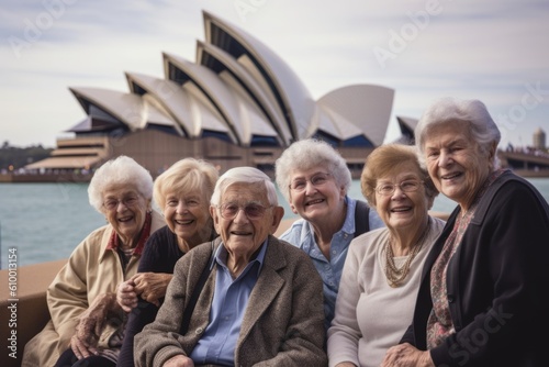 Group of senior friends sitting together in front of the Opera House in Sydney, Australia
