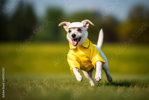 fast white dog running on grassy park wearing yellow outfit, Generative AI