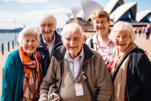 Portrait of smiling senior friends standing together on promenade and looking at camera