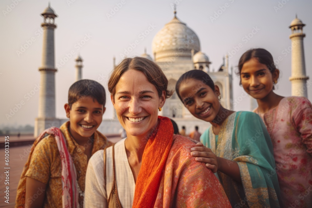 Medium shot portrait photography of a cheerful woman in her 30s that is with the family in front of the Taj Mahal in Agra India . Generative AI