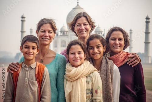 Happy family of four in front of Taj Mahal in Agra, India