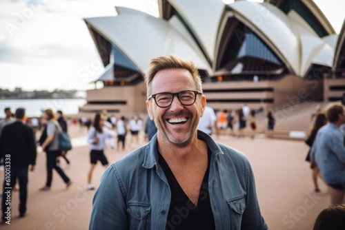 Obraz na płótnie Medium shot portrait photography of a grinning man in his 40s that is smiling with friends at the Sydney Opera House in Sydney Australia . Generative AI w salonie