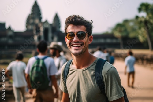 Medium shot portrait photography of a cheerful man in his 30s that is smiling with friends at the Angkor Wat in Siem Reap Cambodia . Generative AI © Leon Waltz