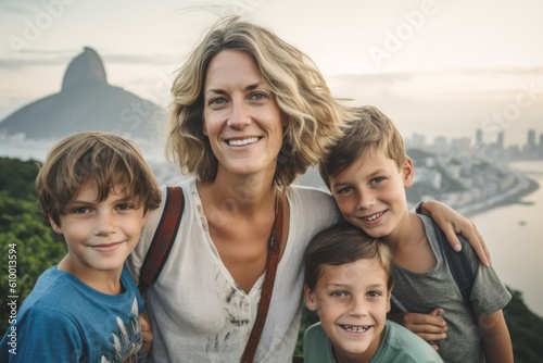 Mother with her children on top of a mountain in Rio de Janeiro