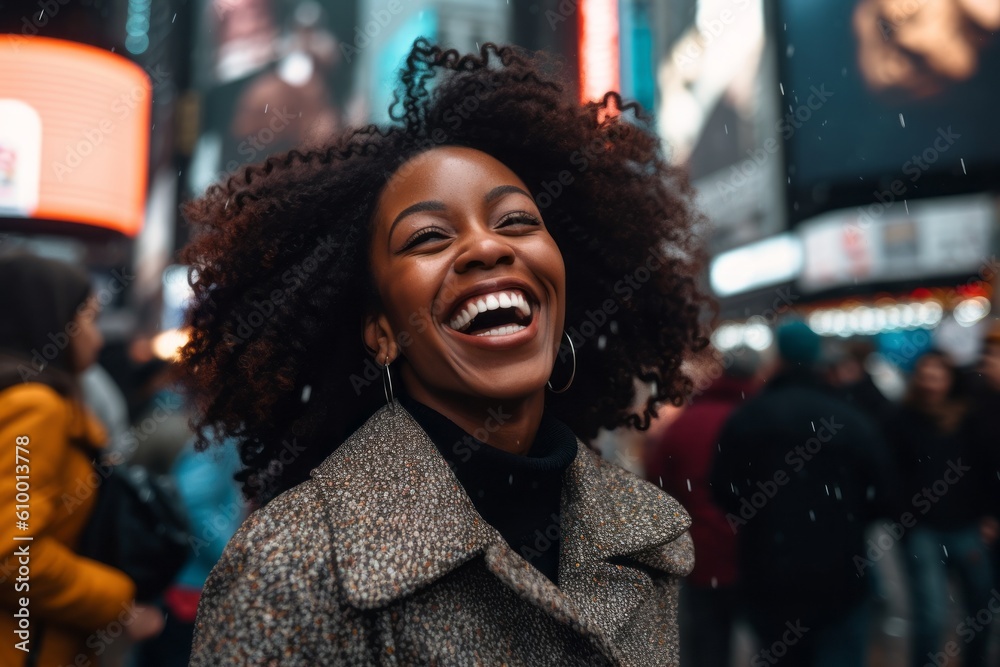 © Leon Waltz - Cheerful african american woman laughing while standing in Times Square in New York