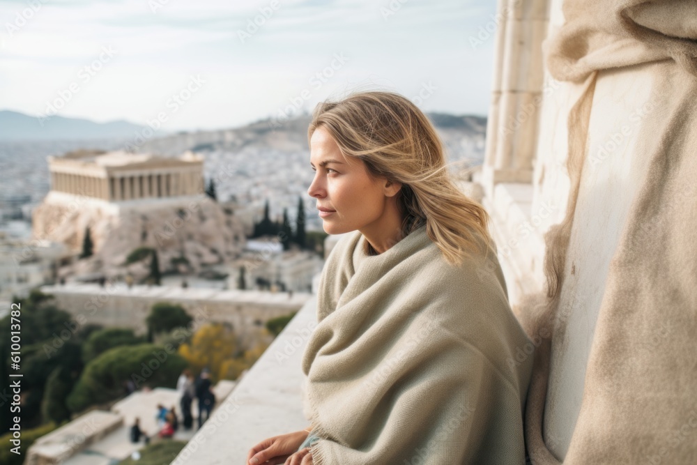 Beautiful young woman looking at the Acropolis in Athens, Greece