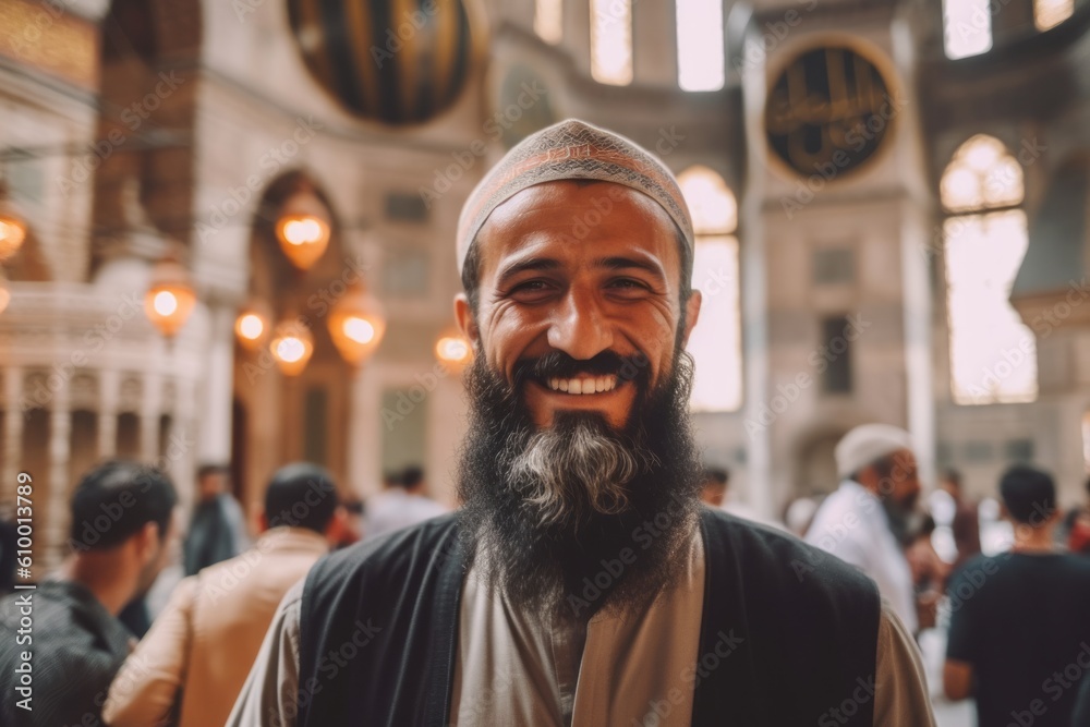 Handsome bearded man with long beard and mustache in turkish clothes posing in the mosque Handsome bearded man with long beard and mustache in turkish clothes posing in the mosque