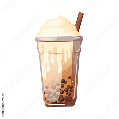 Bubble tea with foam.Tea with milk and tapioca in a plastic cup. Vector illustration isolated on a white background.