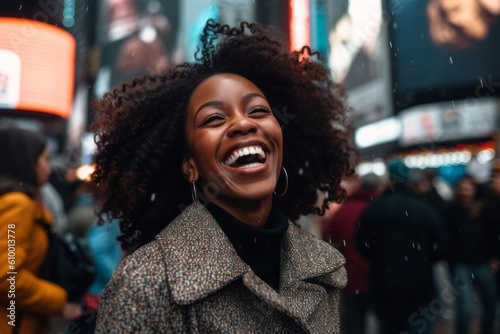 Cheerful african american woman laughing while standing in Times Square in New York