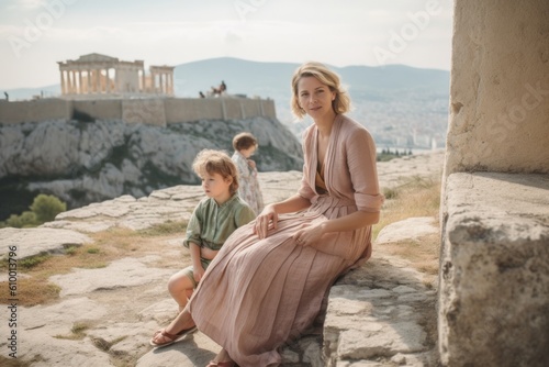 Young mother with her son on the ruins of the Acropolis in Athens, Greece