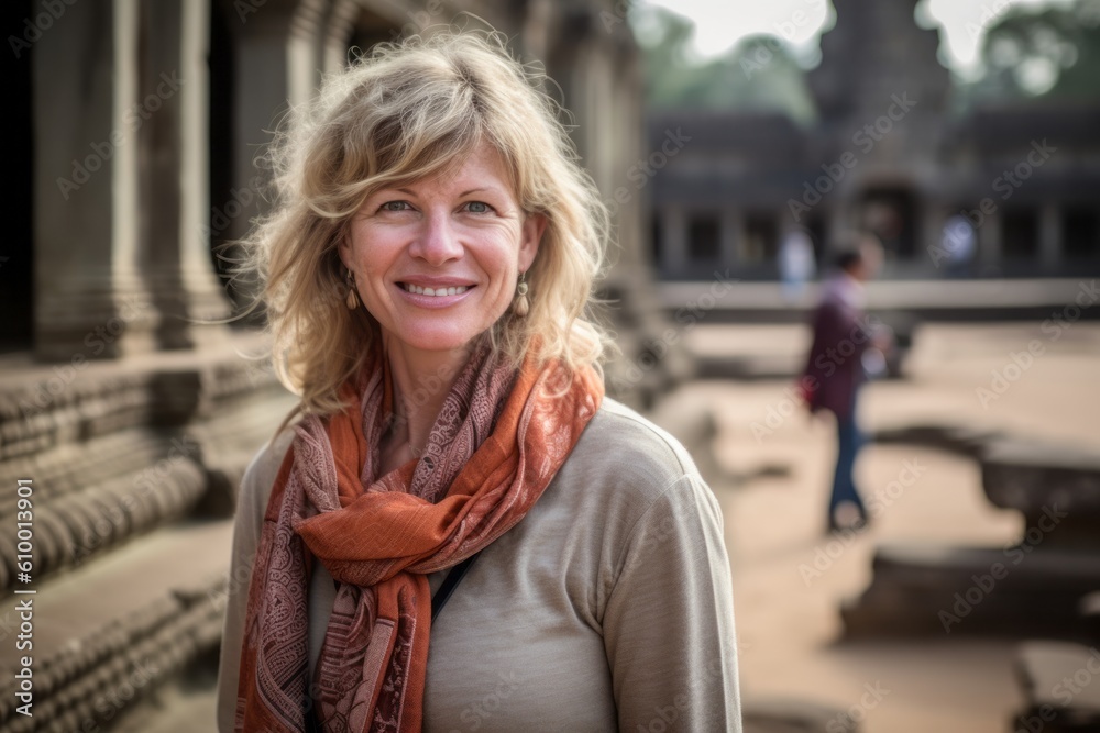 Portrait of smiling mature woman in front of Angkor Wat temple Portrait of smiling mature woman in front of Angkor Wat temple