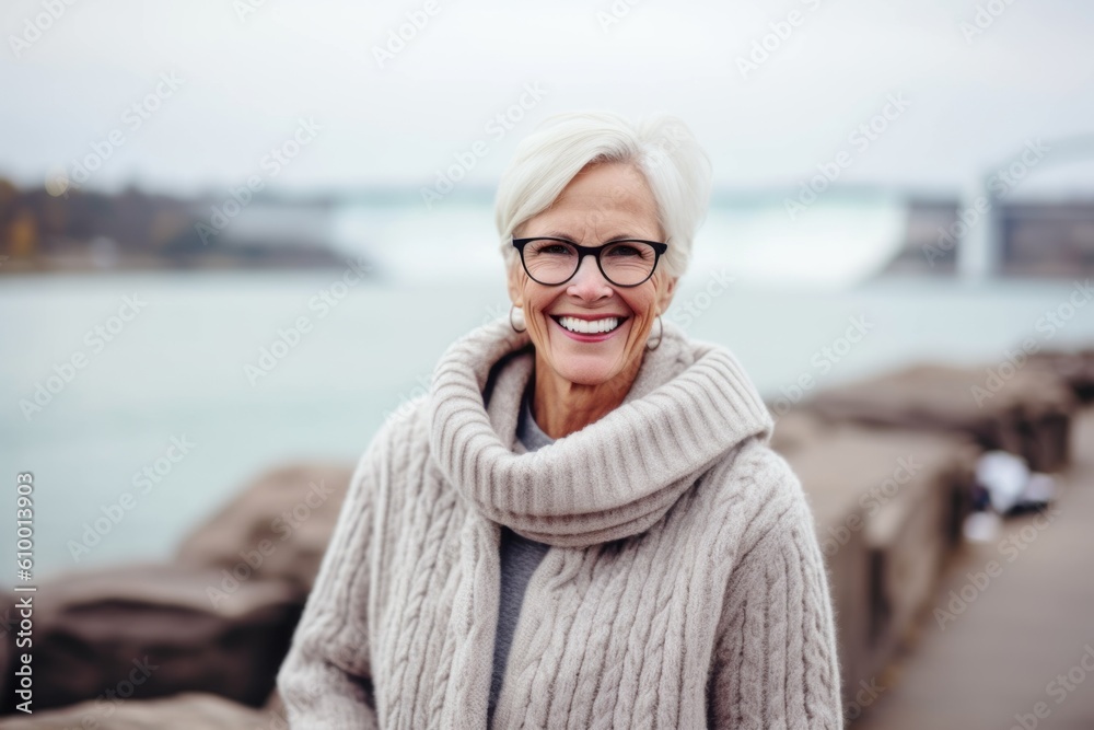 Outdoor portrait of happy senior woman wearing eyeglasses and scarf