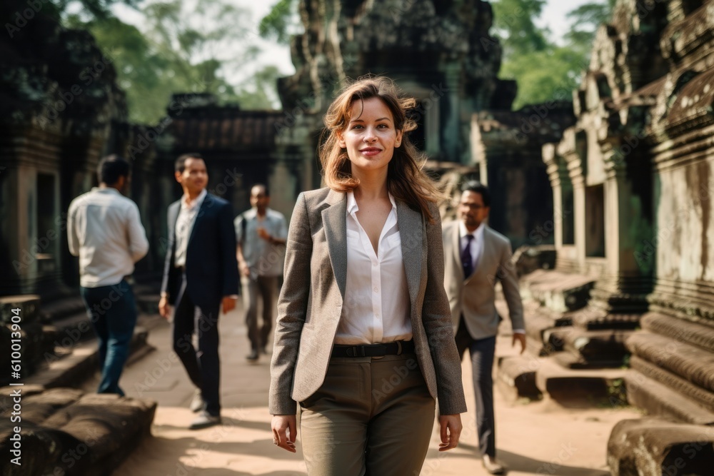 Portrait of Asian businesswoman walking in front of Angkor Wat, Siem Reap, Cambodia Portrait of Asian businesswoman walking in front of Angkor Wat, Siem Reap, Cambodia
