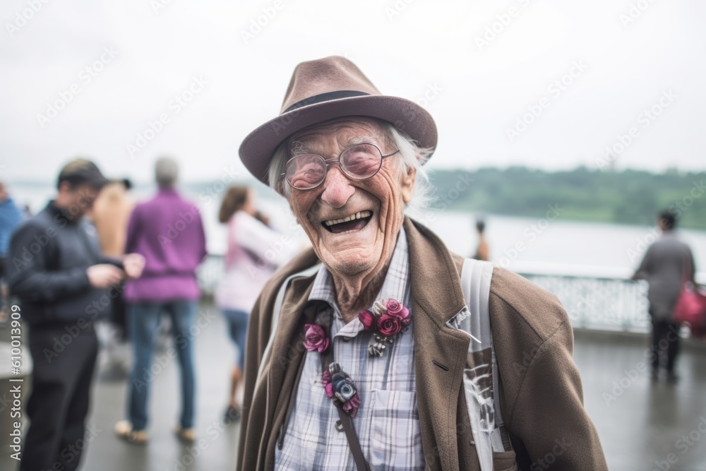 Medium shot portrait photography of a cheerful man in his 80s that is smiling with friends at the Niagara Falls USA/Canada Border . Generative AI