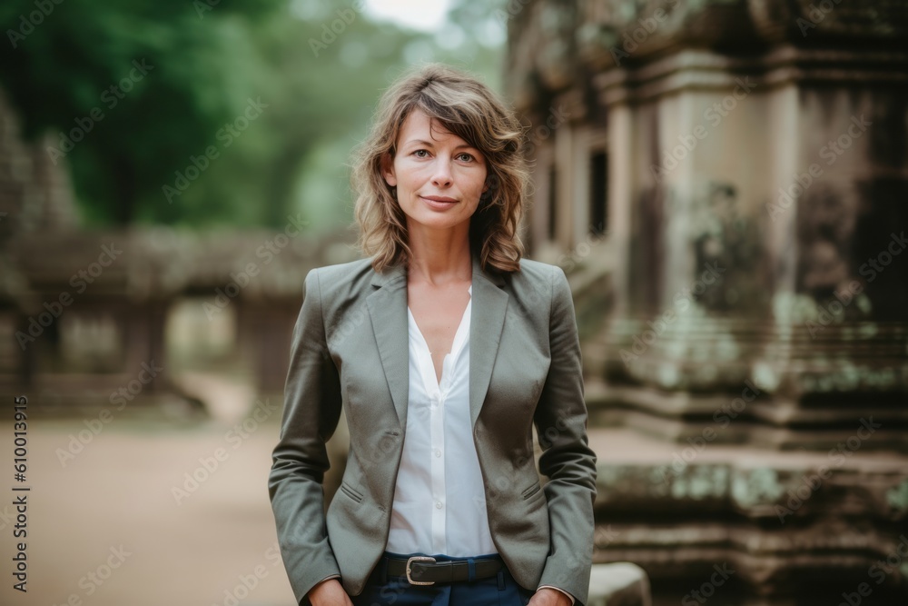 Portrait of businesswoman standing in front of temple in Angkor, Siem Reap, Cambodia