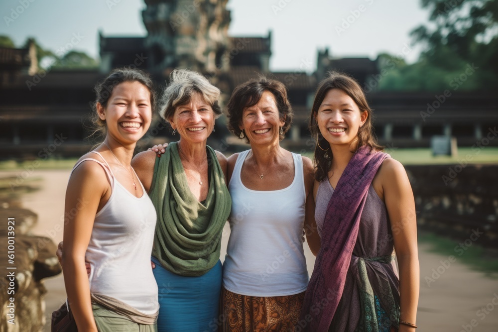 Group of happy women in front of temple in Bali, Indonesia