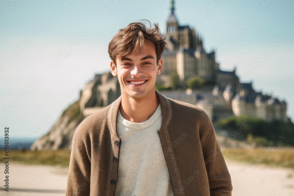 Portrait of a handsome young man on the background of Mont Saint Michel in Normandy, France
