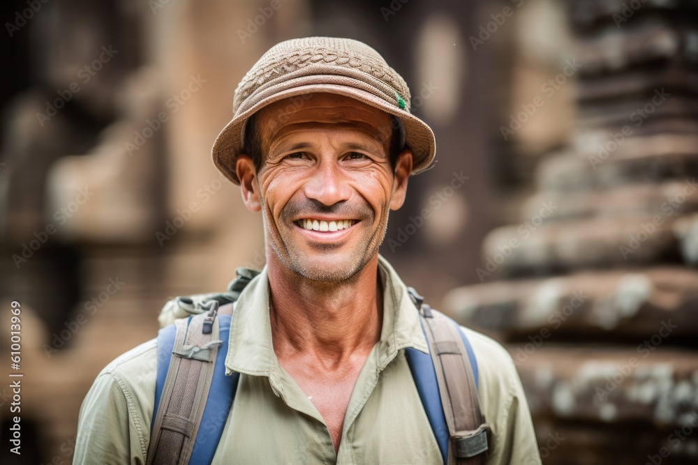 Portrait of smiling man with backpack standing in front of Angkor Wat temple