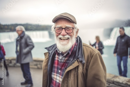 Portrait of senior man with grey beard and hat walking on pier