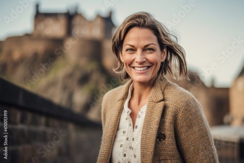 Portrait of a happy middle-aged woman smiling at the camera with a castle in the background