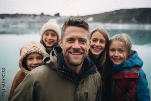 Medium shot portrait photography of a grinning man in his 30s that is with the family at the Blue Lagoon in Reykjavik Iceland . Generative AI