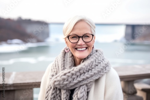 Portrait of a happy senior woman wearing scarf and glasses outdoors in winter