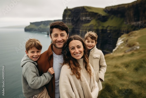 Happy family of four having fun on the cliffs of Moher, Ireland