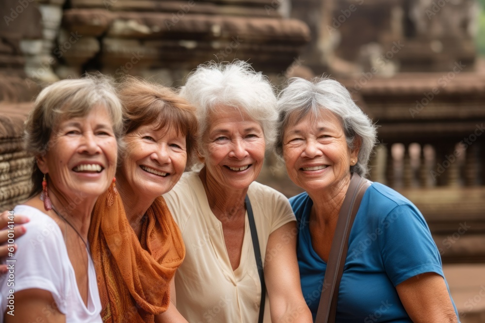Obraz premium Group of happy senior Asian women smiling and looking at camera in front of Angkor Wat, Siem Reap, Cambodia