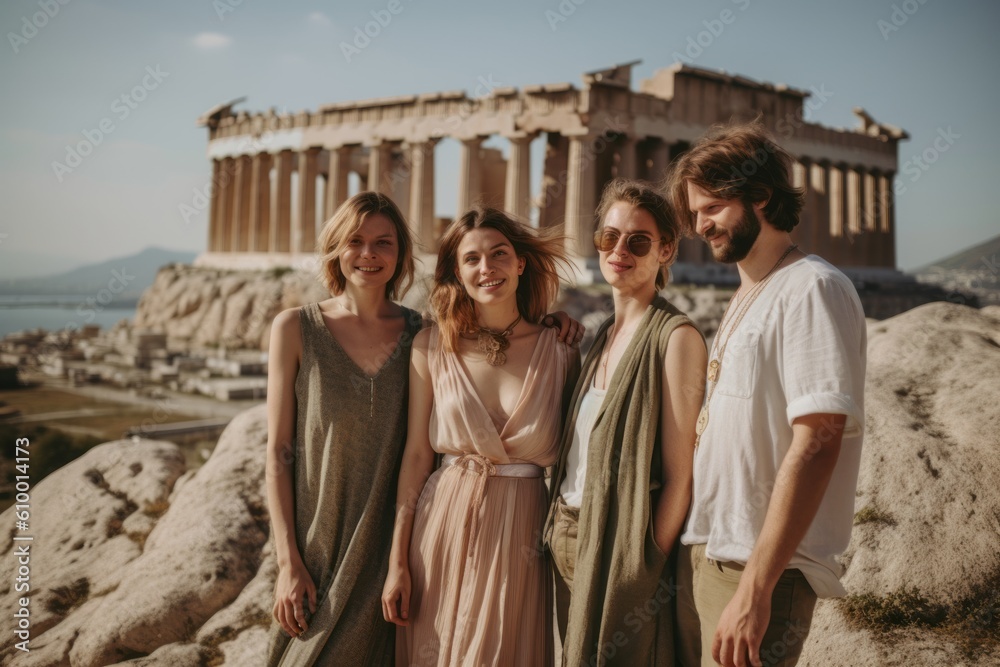 Group of friends visiting the Parthenon temple in Athens, Greece
