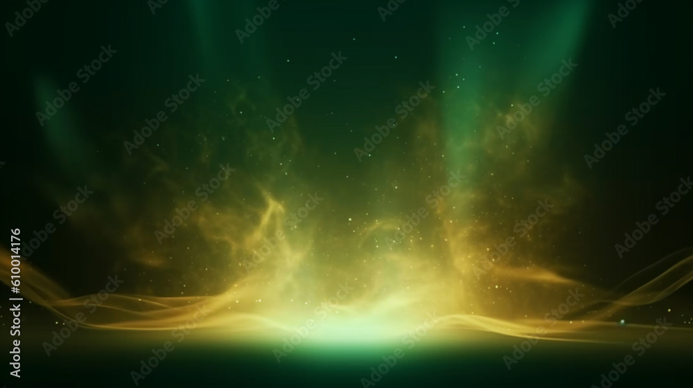 Empty green and gold festive stage with light shines glow and smoke, background with copy space for award ceremony, jubilee or product presentations. Generative AI