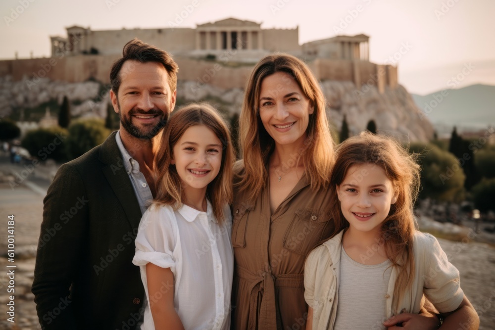 Family of four in front of the Acropolis in Athens, Greece Family of four in front of the Acropolis in Athens, Greece