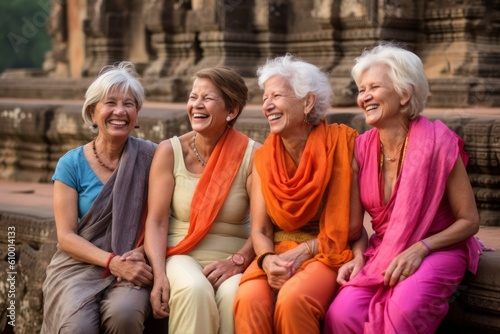 Group of happy senior women sitting in front of temple in Bali