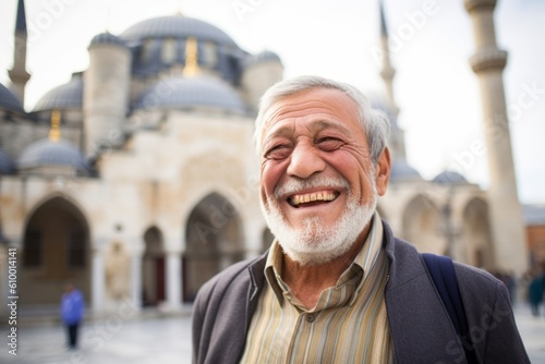 Portrait of happy senior man in front of mosque in Istanbul, Turkey