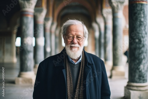 Portrait of an old man with a beard in a black coat.