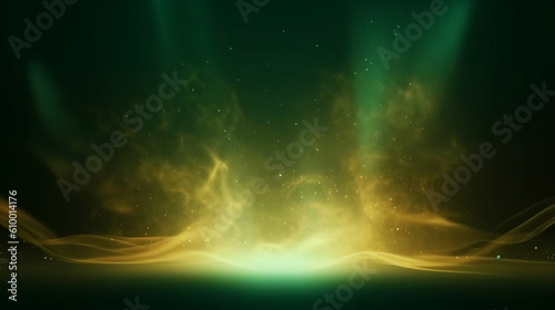 Empty green and gold festive stage with light shines glow and smoke  background with copy space for award ceremony  jubilee or product presentations. Generative AI