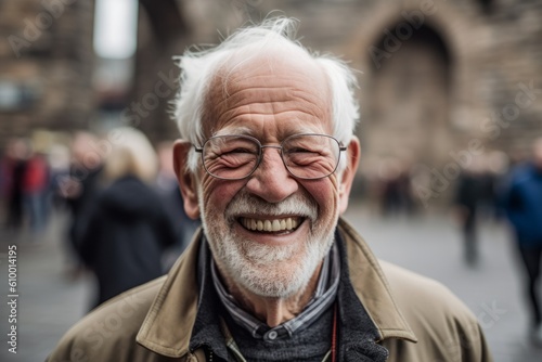 Portrait of senior man with white beard and eyeglasses in the city