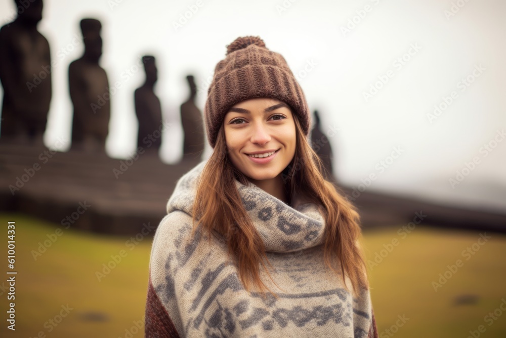 Portrait of a smiling young woman standing in front of stone statues Portrait of a smiling young woman standing in front of stone statues